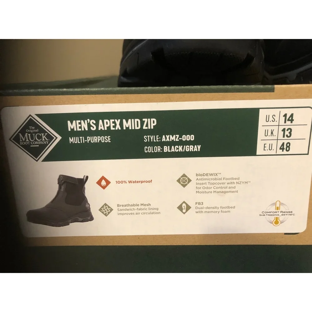 Muck Boot Co Apex Mid Zip Mens 14 Waterproof Hiking Hunting Boots Black NIB